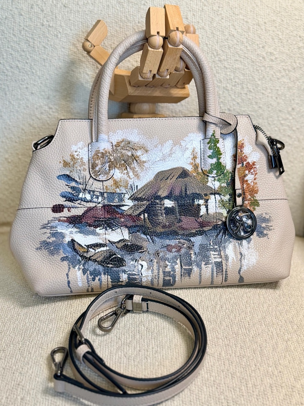Beige HandPainted Leather Satchel Handbag
